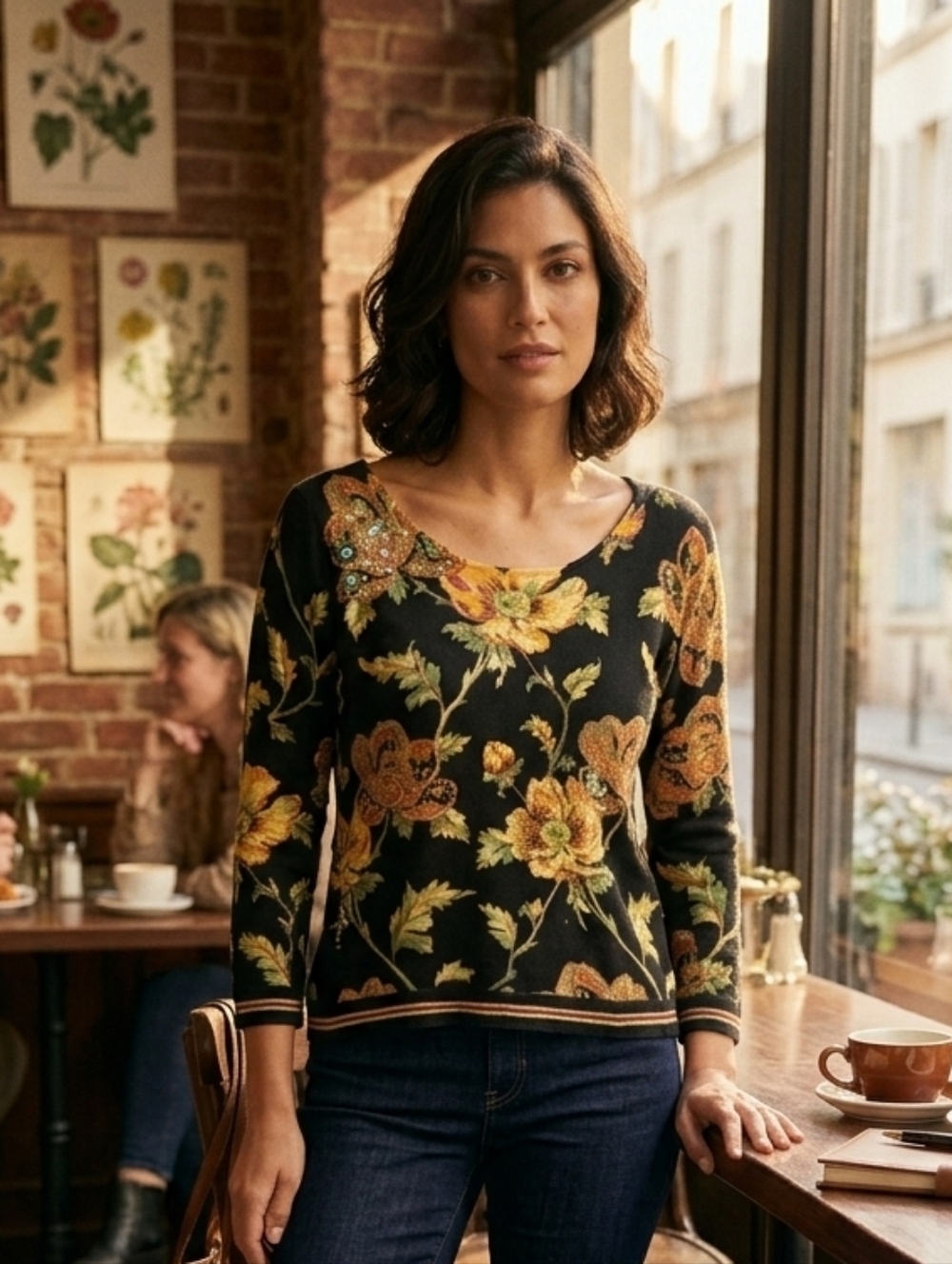 Alberto Makali Black Floral Sequin Sweater Top with Gold Accents